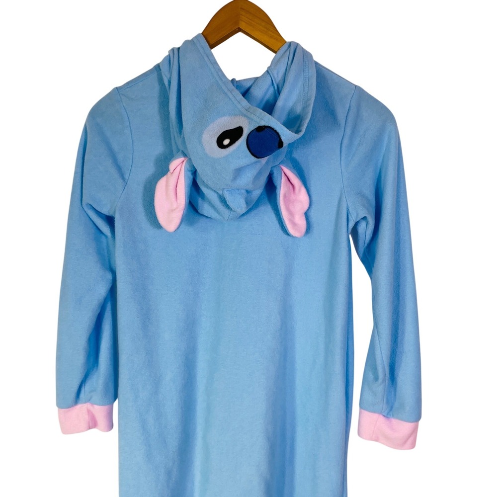 Disney Stitch Blue Fleece Hooded Union Suit One Piece Pajamas Kids Sz 10/12